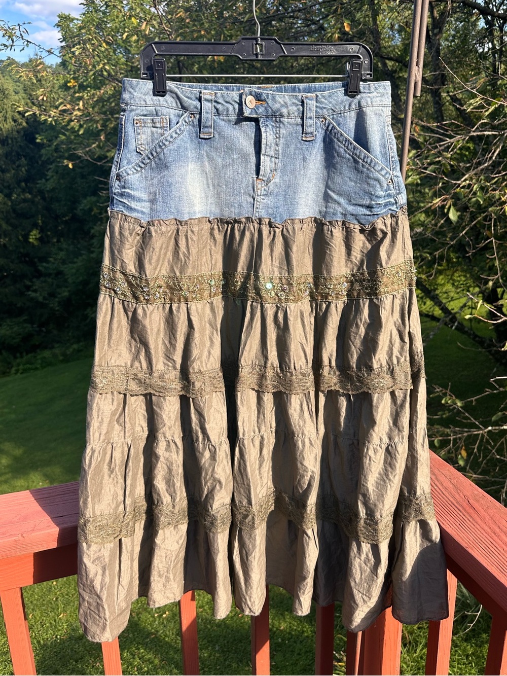 Y2K Denim Waist Olive Tiered Sequin & Lace Midi Skirt Vintage